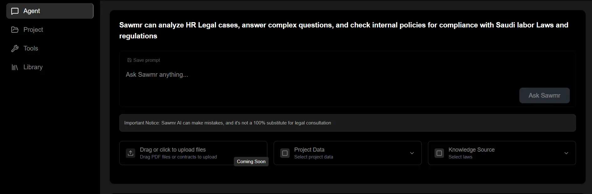 Sawmr Legal Agent Interface showing the complete UI with chat functionality, file upload options, and legal compliance tools